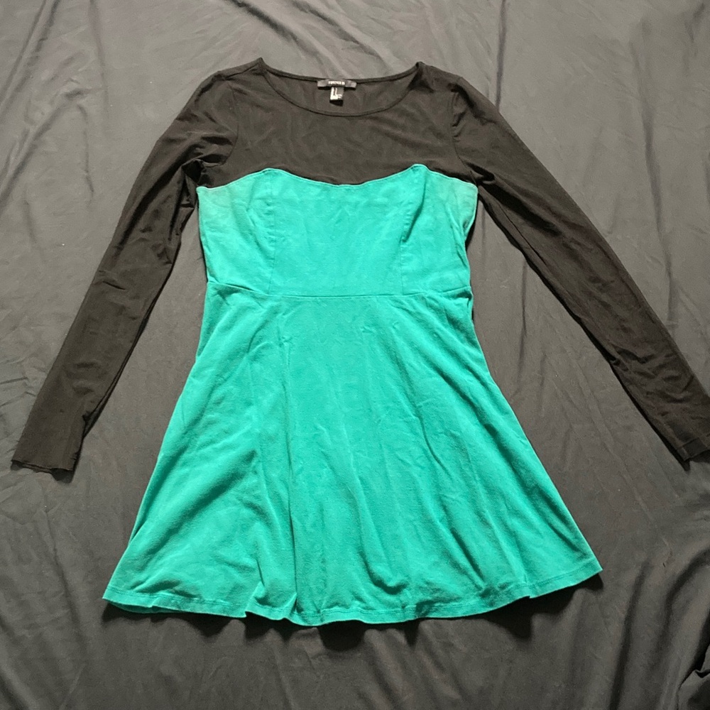 Forever 21 Skater Dress Long Sleeve Teal Black Mesh Fit and Flare Size Large